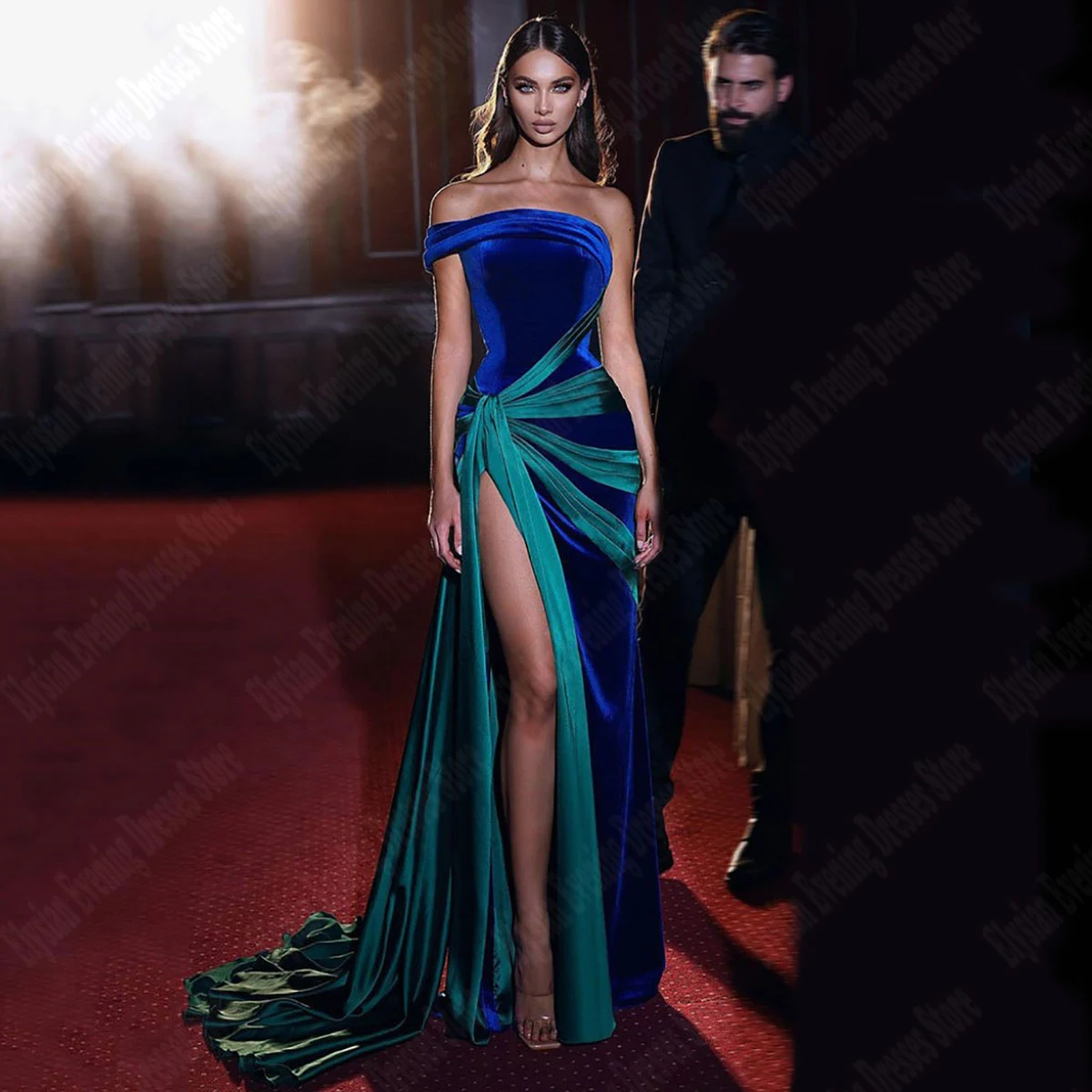 Smooth Glossy Satin Evening Dresses Off Shoulder And Off Back Princess Prom Gowns A Well-Designed Lace Up Fork Vestidos De Noche