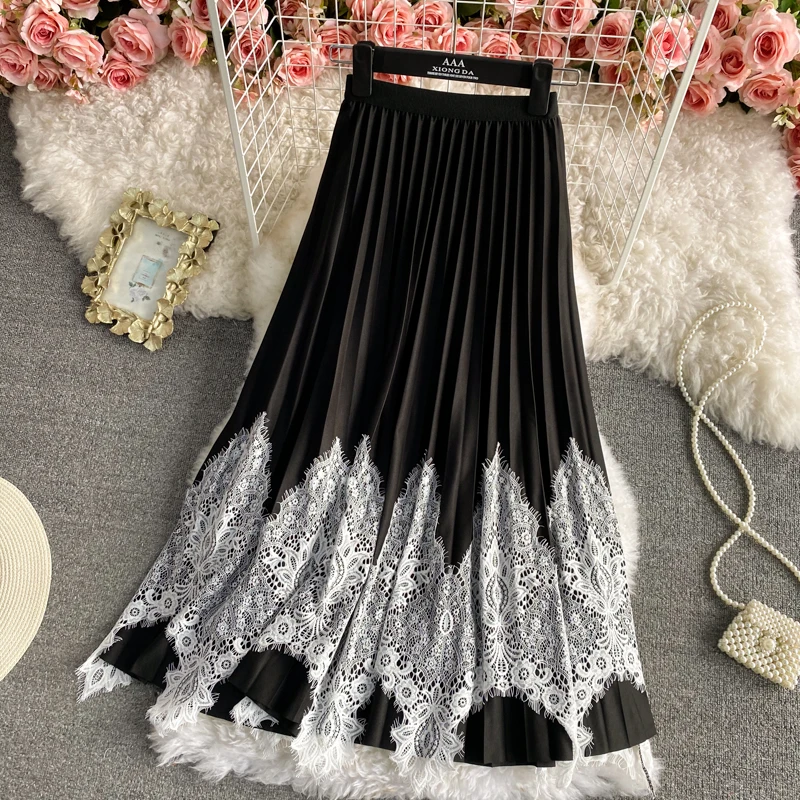 Spring Summer New Skirt Fashion Lace Patchwork Skirts For Women Clothing High Waist Mid-length Pleated Skirt Ropa Mujer LM1193