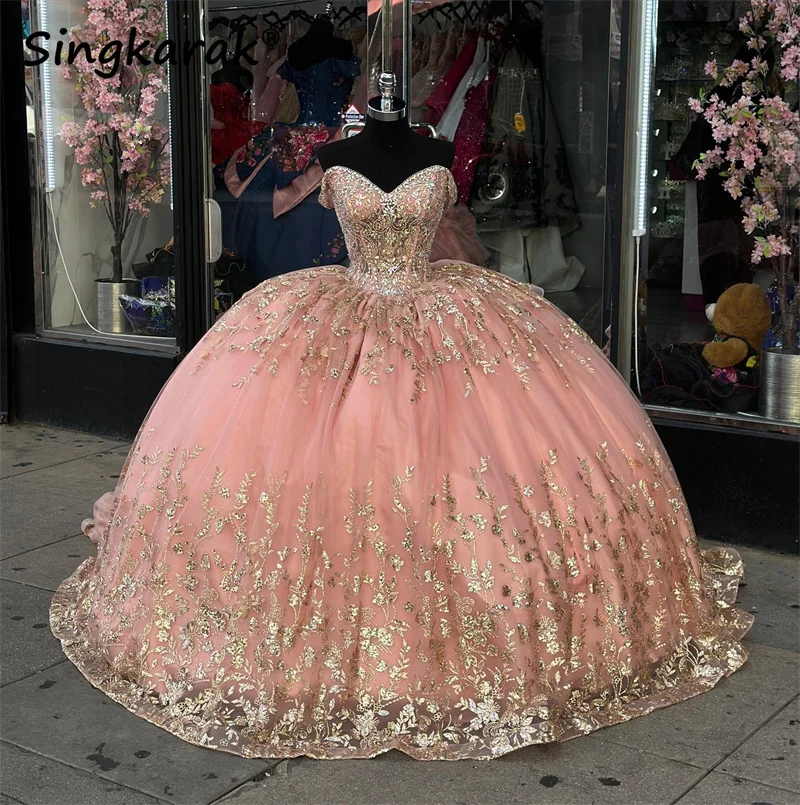 

Glitter Pink Princess Ball Gown Quinceanera Dresses Off Shoulder Bead Crystals Appliques Sweet 16 Dress Vestidos De 15 Años