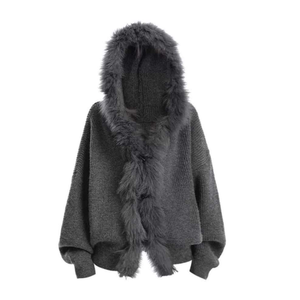 

American Design Big Fur Collar Hooded Sweater Women's Autumn and Winter Lazy Feeling Warm Knitted Cardigan Top Tide Loose 2026