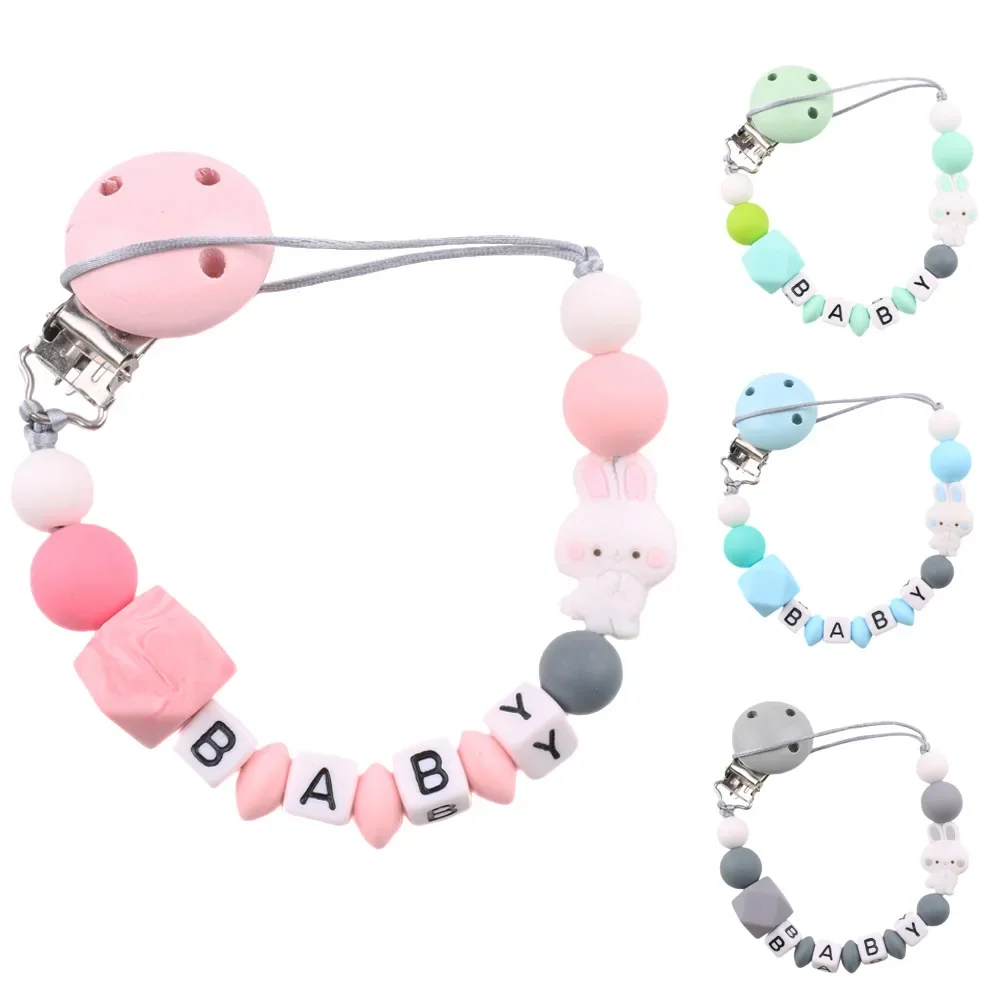 Attache-sucette en bois de hêtre avec nom personnalisé pour bébé, jouet de dentition pour nouveau-né, en silicone, avec ses multiples perles, cadeau