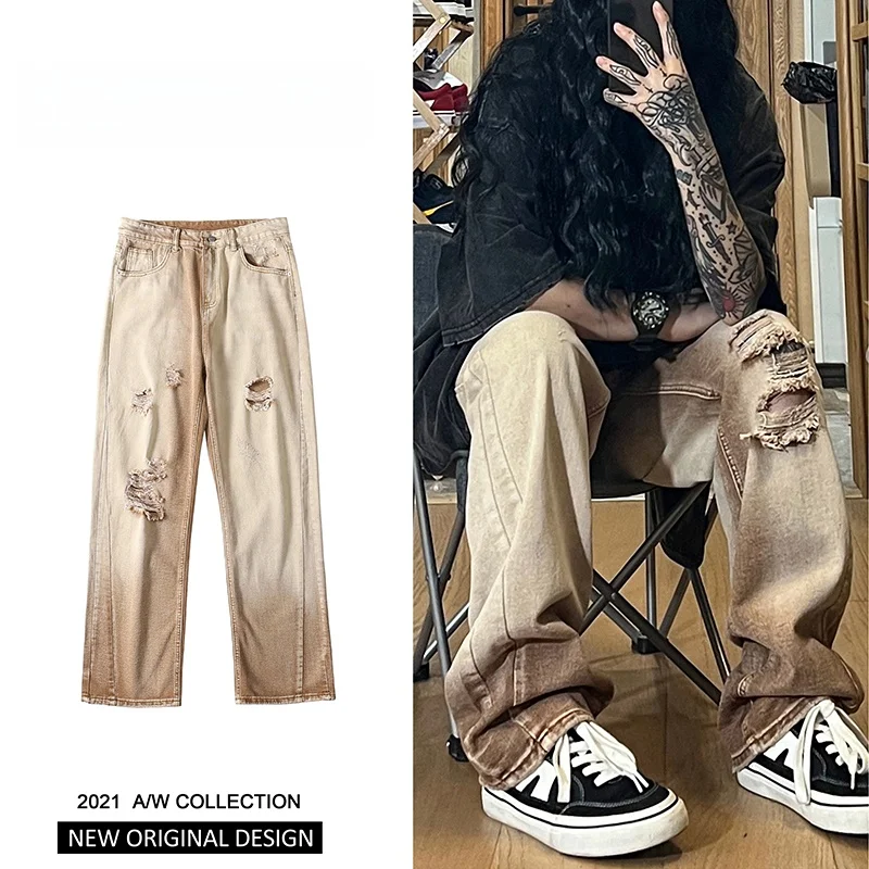 

Retro High Street Men's Jeans Spring Autumn Wear-Washed Straight Leg Wide Leg Long Pants Tear Design Fashionable Youth Style