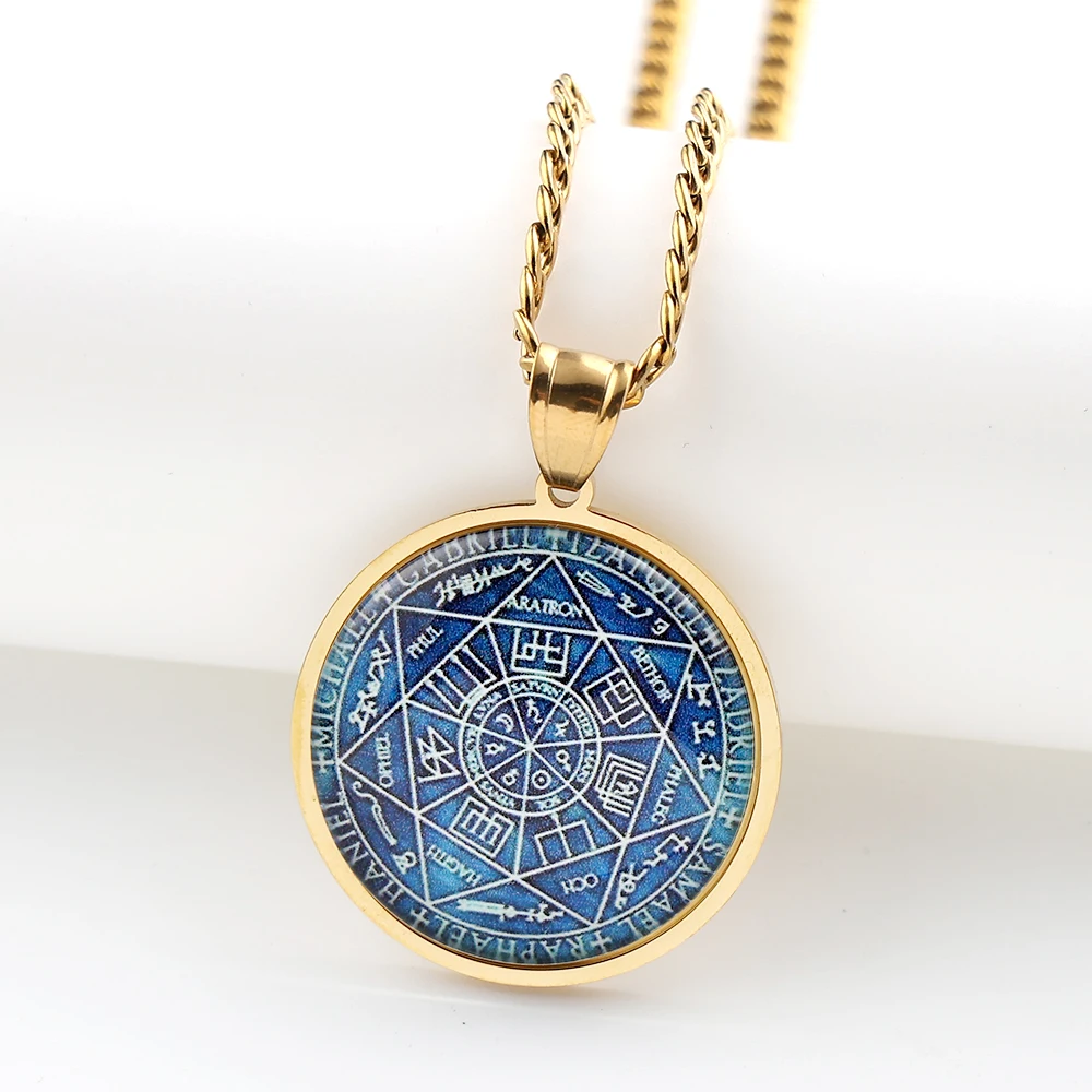 Seven Archangels Glass Medal Angel Pendant Necklace for Women Men Stainless Steel Seal of Solomon Protection Chain Jewelry Gift
