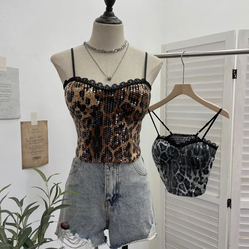 

Sexy Lace Short Sequined Leopard Print Camis Tube Top Women