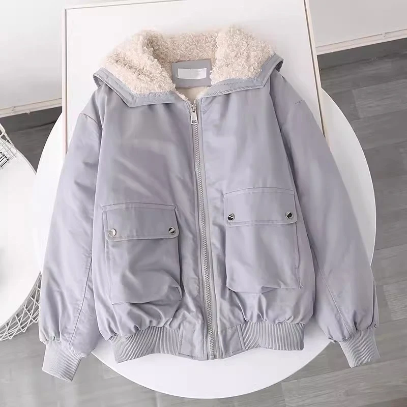 Winter Short Parkas Women Pink Fleece Down Coats Fashion Hairy Puffer Jacket Ladies Korean Pockets Thick Cotton Padded Outwear