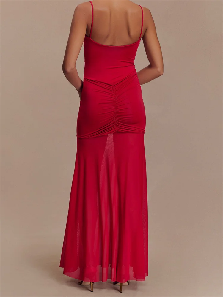 CHRONSTYLE ラッフルスリーブレスストラップロングマキシドレス レディース ホローアウトVネックメッシュシースルードレス ベスティドス 2025