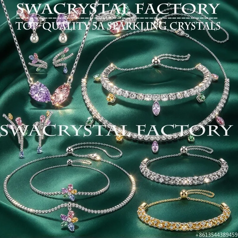 Rainbow Multicolor Crystal Pear Jewelry Set Women Teardrop Floral Pendant Necklace Earrings Tennis Bracelet Wedding Luxury Gift