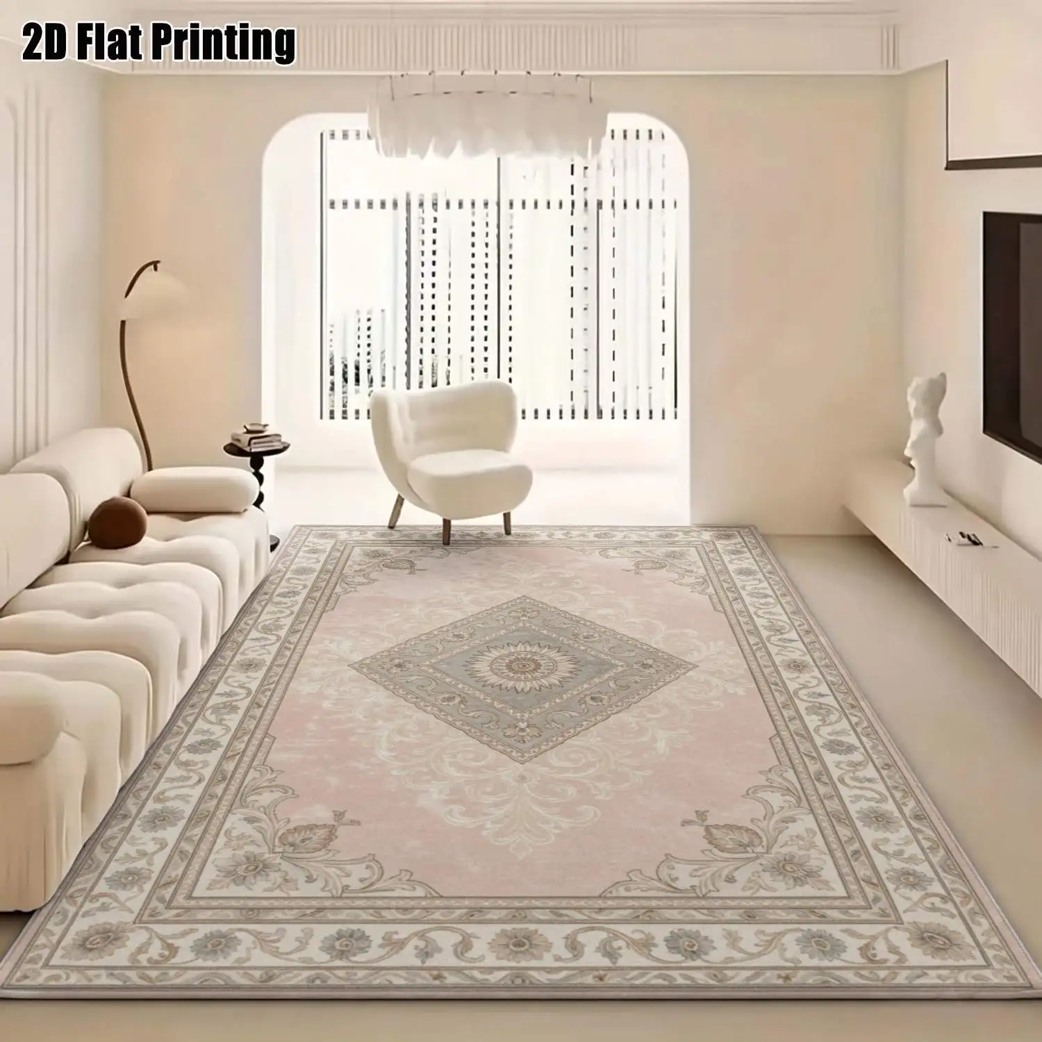 1Pc 2D Printed Pink Floral Geometric Carpet, European/Retro/Bohemian Style, Machine Washable, Multi-Size, Ideal for Home Decor & Multi-Scene Use