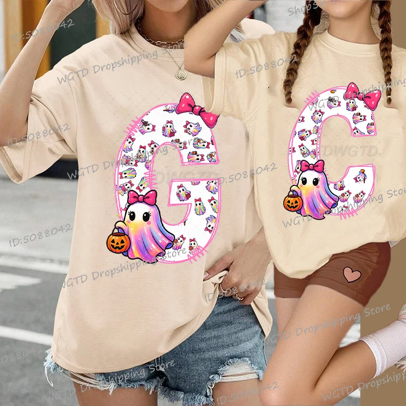 

New Fashion Women Kids Halloween T-shirt Cute Coquette Boo Letter A-Z Autumn Casual Shirt Khaki Short Sleeve Alphabet Tshirts