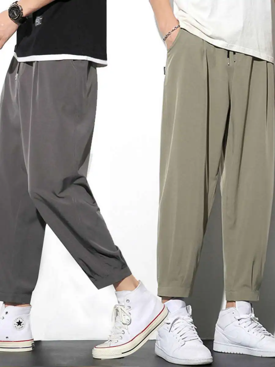 

Men's Casual Ice Silk Quick Dry Summer Pants Thin Loose Sport Big Size Spring Autumn Style Elastic Waist Nine Points Trousers