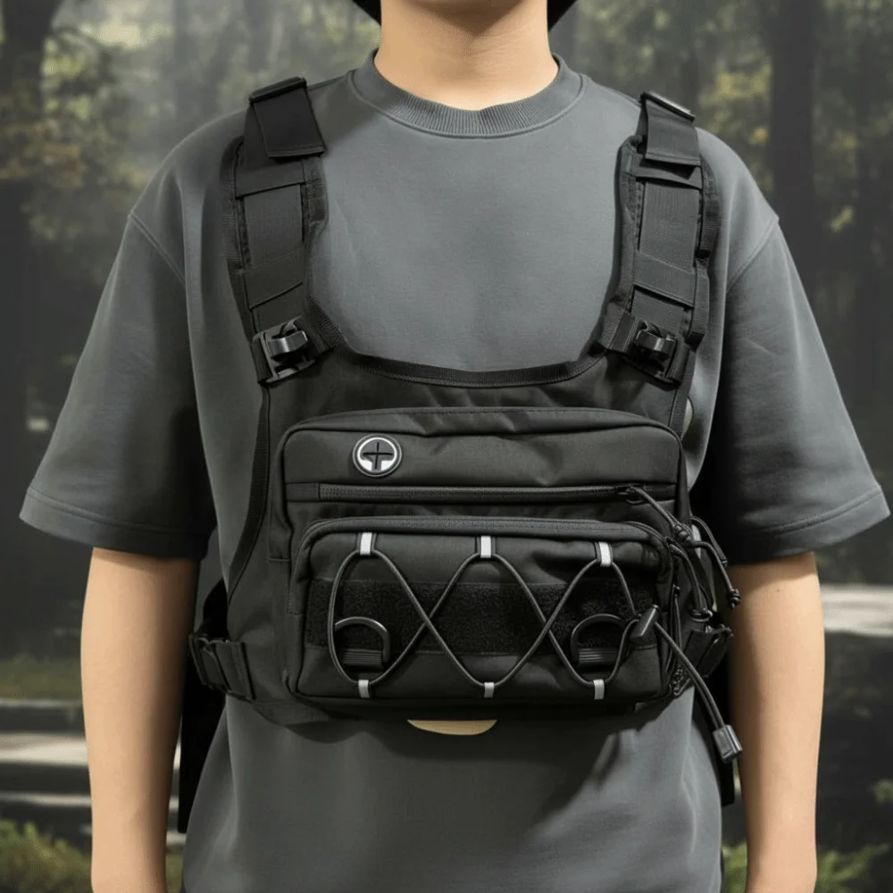 Reflective Bungee Wilderness Chest Rig Four Point Harness Breathable Mesh Back Running Vest Pack Tear Resistant Oxford Cloth