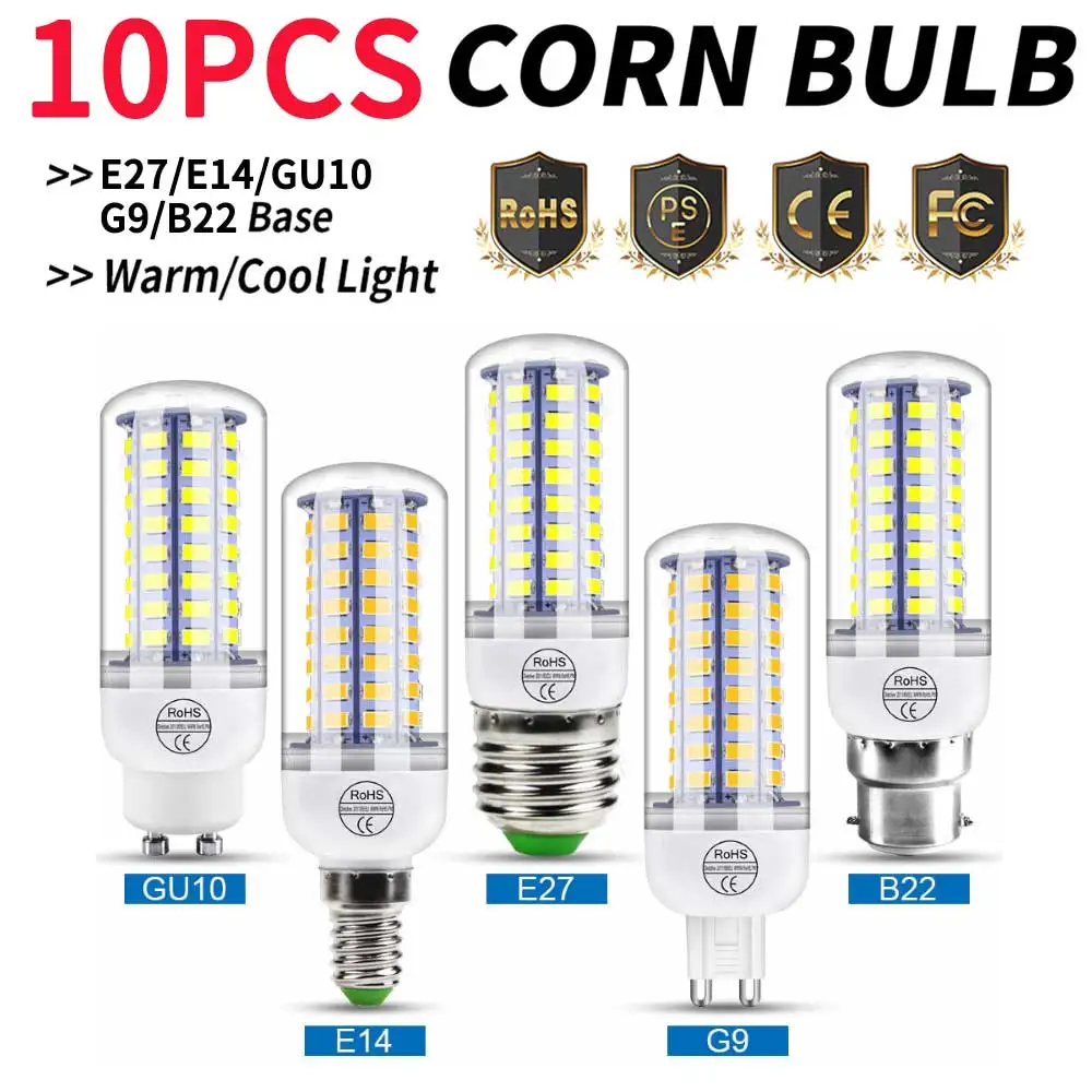 

10PCS LED 220V E27 Bulb E14 Corn Lamp GU10 Spot Lights G9 Chandelier Bulbs B22 Home Living Room Energy Saving Lighting Cold/Warm