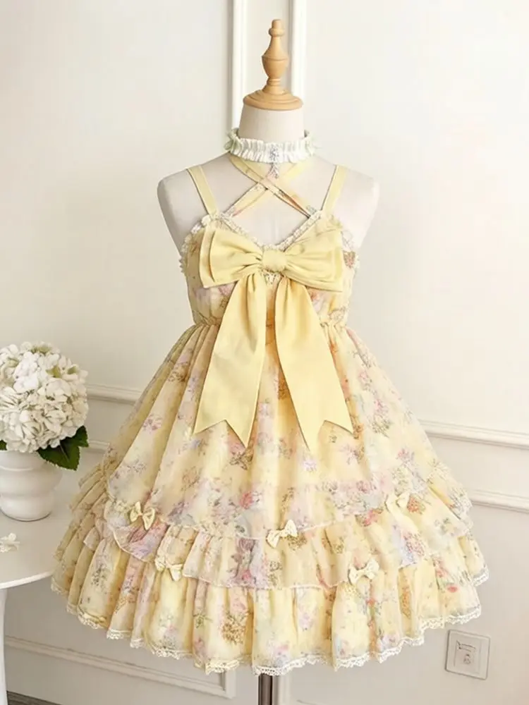 Y2K Harajuku Ästhetisches Lolita Mini-Kleid Japanisch Süßes Rüschen-Spaghettiträger-Kleid für Damen Alltag Dating Party