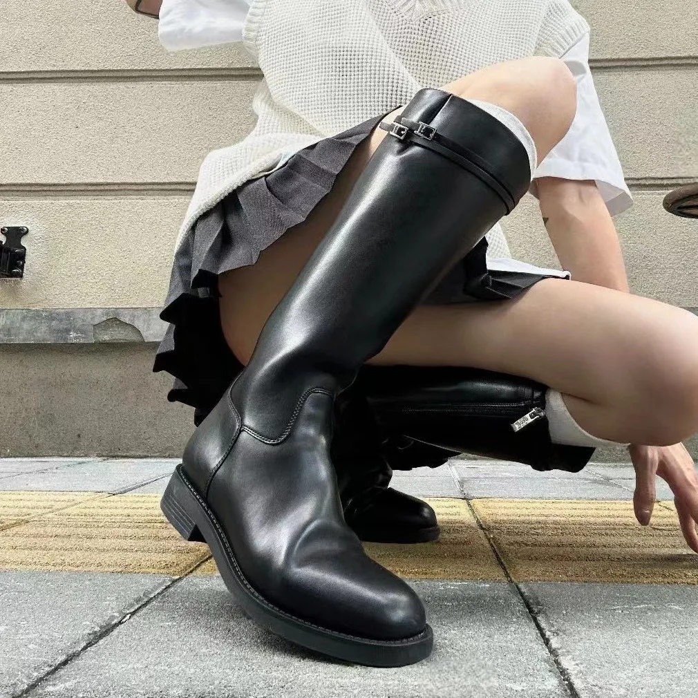 

Fall Winter High Tube Boots Women Thick Bottom Versatile Long Tube Boots Casual Metal Element Polyester Fiber PU Insole Rubbe...