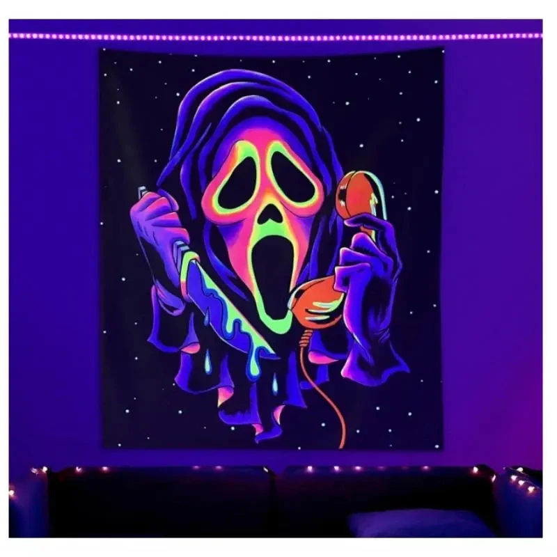Neon UV reactive Halloween tapestry ghost face mobile knife design black light wall decoration, festive home decoration,reusable