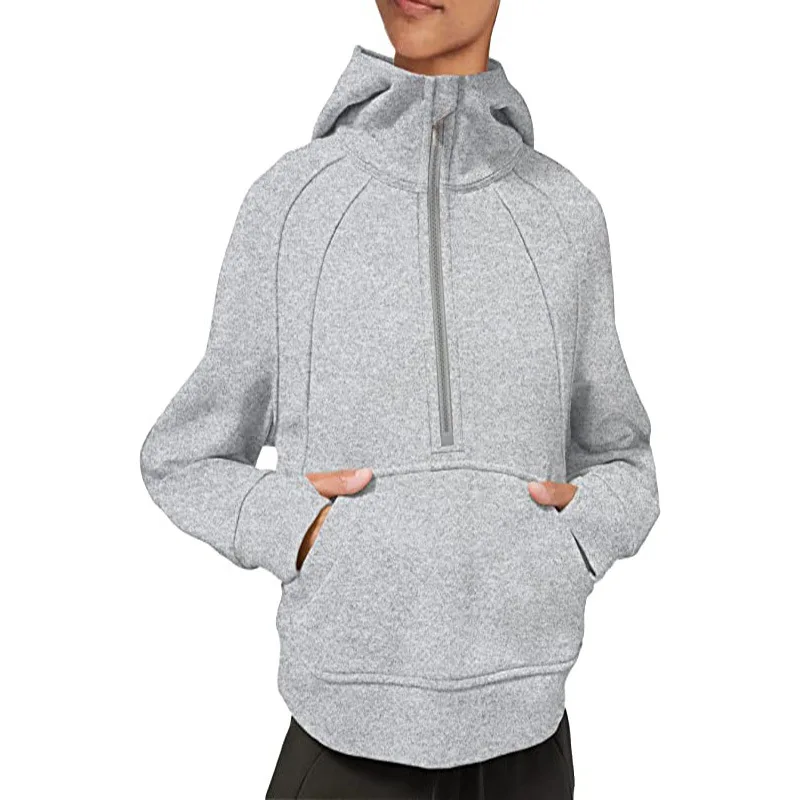 New European and American hoodie with solid color pockets casual long sleeved zippered high round hoodie for women