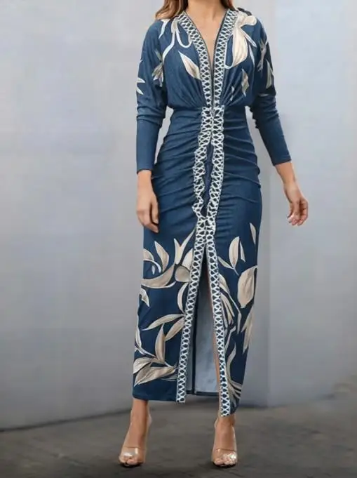 

2026 New Plants Placement Print Contrast Paneled Deep V-Neck Batwing Sleeve Front Slit Dress Ruched Cinched Waist Vacation Dress