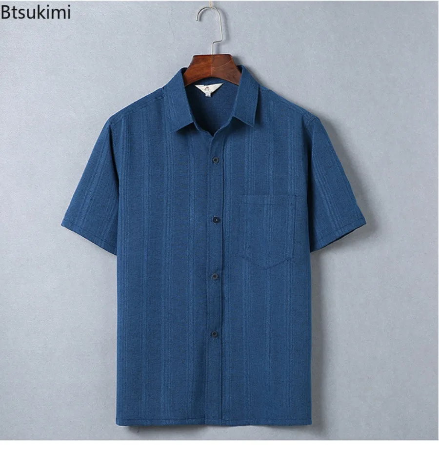 Summer Middle-aged and Elderly Men Clothing Business Casual Short Sleeve Lapel Button Shirts Vintage Cotton Linen Shirts for Men