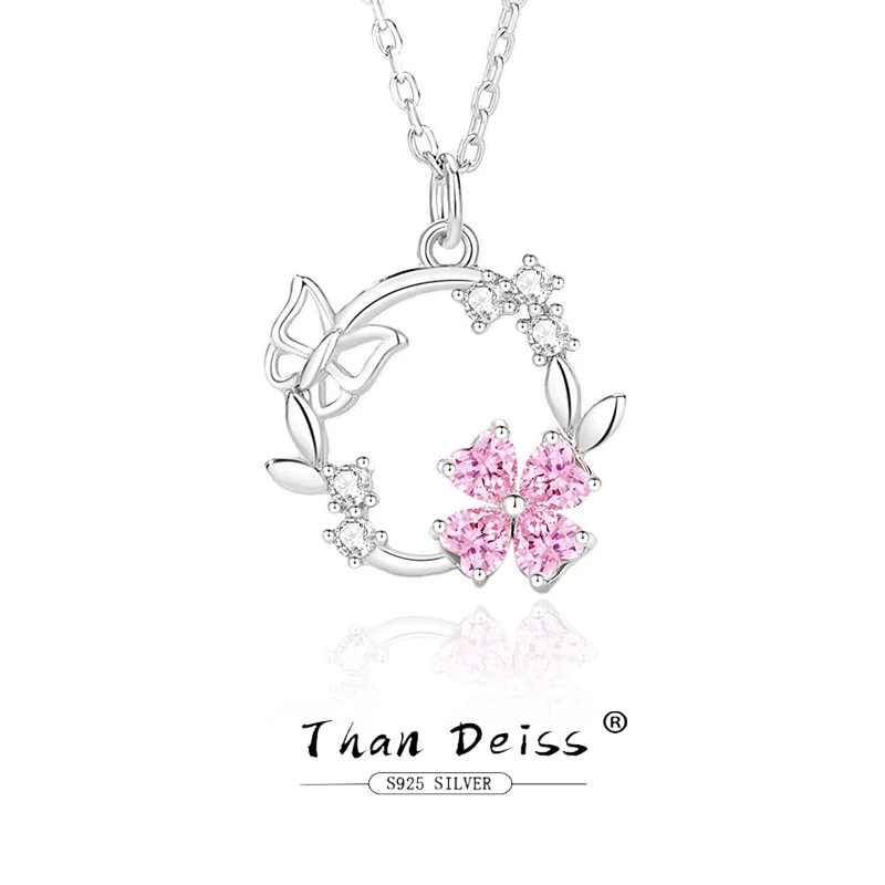 

S925 Silver Butterfly Dance With Flowers Necklace For Women Sweet Fairy Tale Pink Zircon Zircon 45cm Choker Dreamy Jewelry Gift