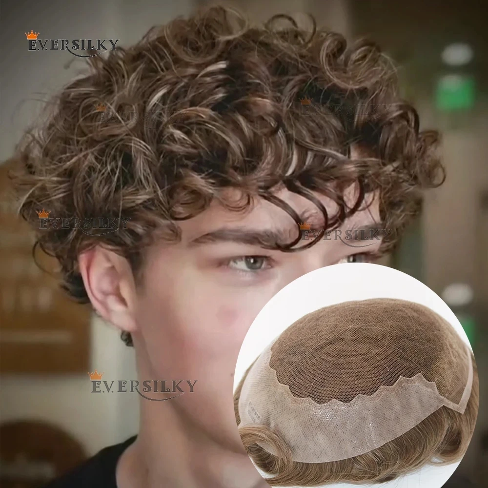 

Мужской парик-накладка 26 мм, кудрявый, пепельно-русый с коричневыми оттенками, Q6, швейцарское кружево и полиуретан, естественная линия роста волос, 1B40 1B65, серо-черный, из натуральных человеческих волос