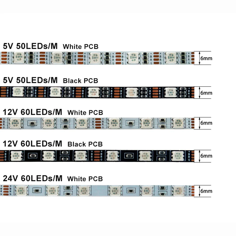 6mm Narrow Width RGB LED Strip Lights DC5V 12V 24V SMD5050 60leds/m Flexible LED Tape IP20 IP67 Waterproof Red Green Blue 5m