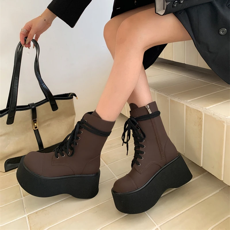 

New Mid Calf Boots Women Autumn Winter Fashion Lace-up Ladies Chelsea Zipper Botas Mujer Boots Sports Platform Heel Ladies Shoes