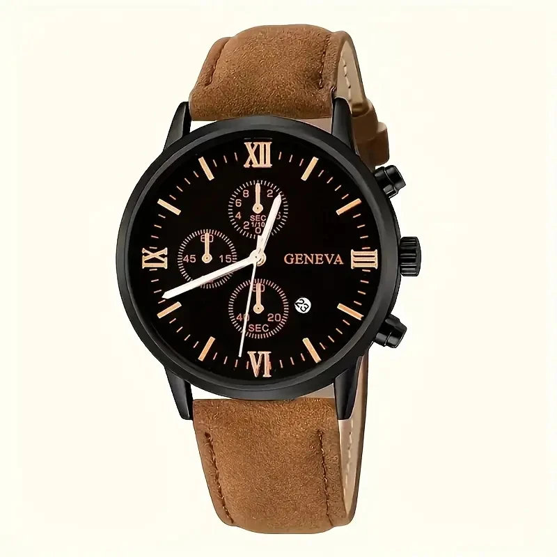 New Men's Casual PU Leather Quartz Watch Multi functional Calendar Watch, Electronic Movement, Men's Watch