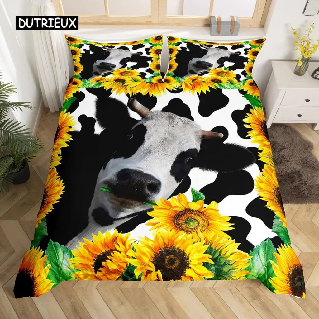 

Cow Duvet Cover Set King Microfiber Milk Cow and Yellow Sunflower Print Comforter Cover Cute Animal and Floral Theme Bedding Set