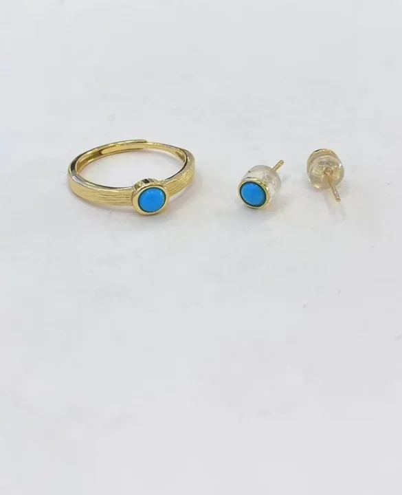 

Luxury 925 Sterling Silver Set 5mm Natural Turquoise Ring & Ear Studs Set For Women 14K Gold Filled Turquoise Earrings Jewelry