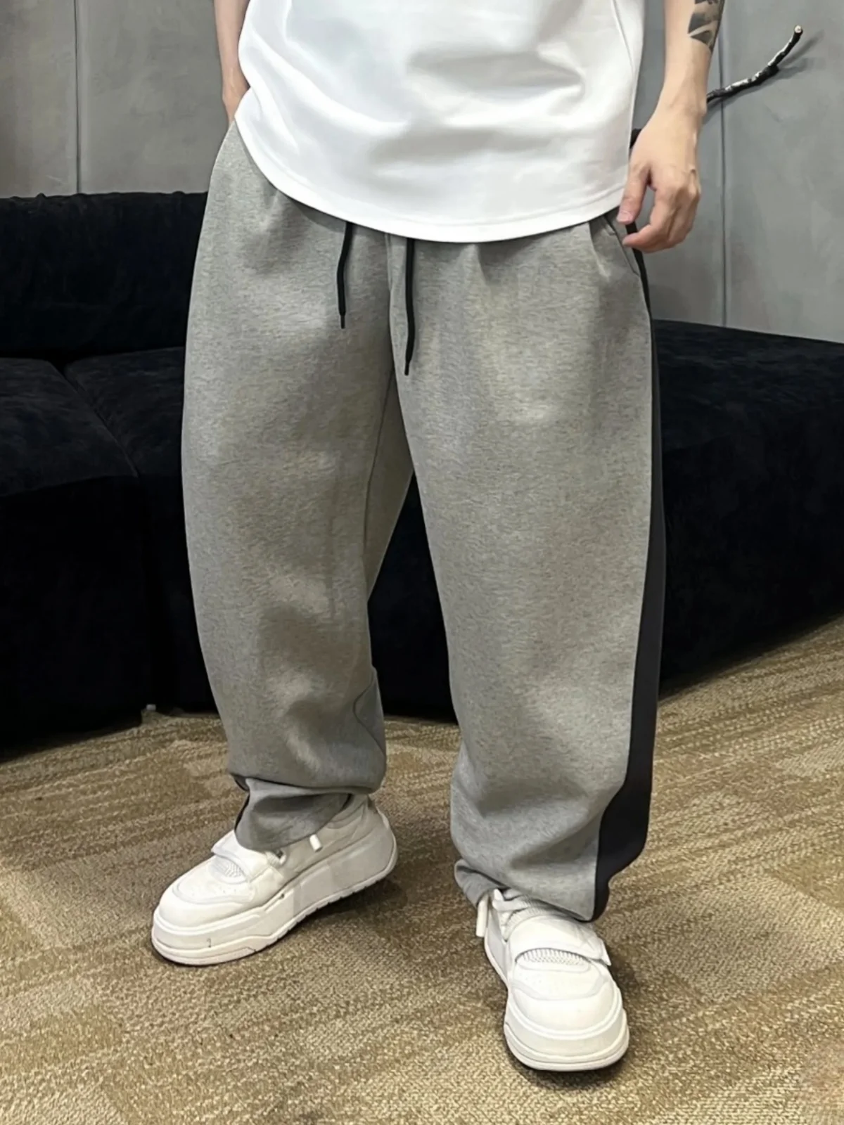 

Весенние мужские повседневные свободные брюки прямого кроя спортивные штаны дышащие удобные модные лоскутные брюки в полоску