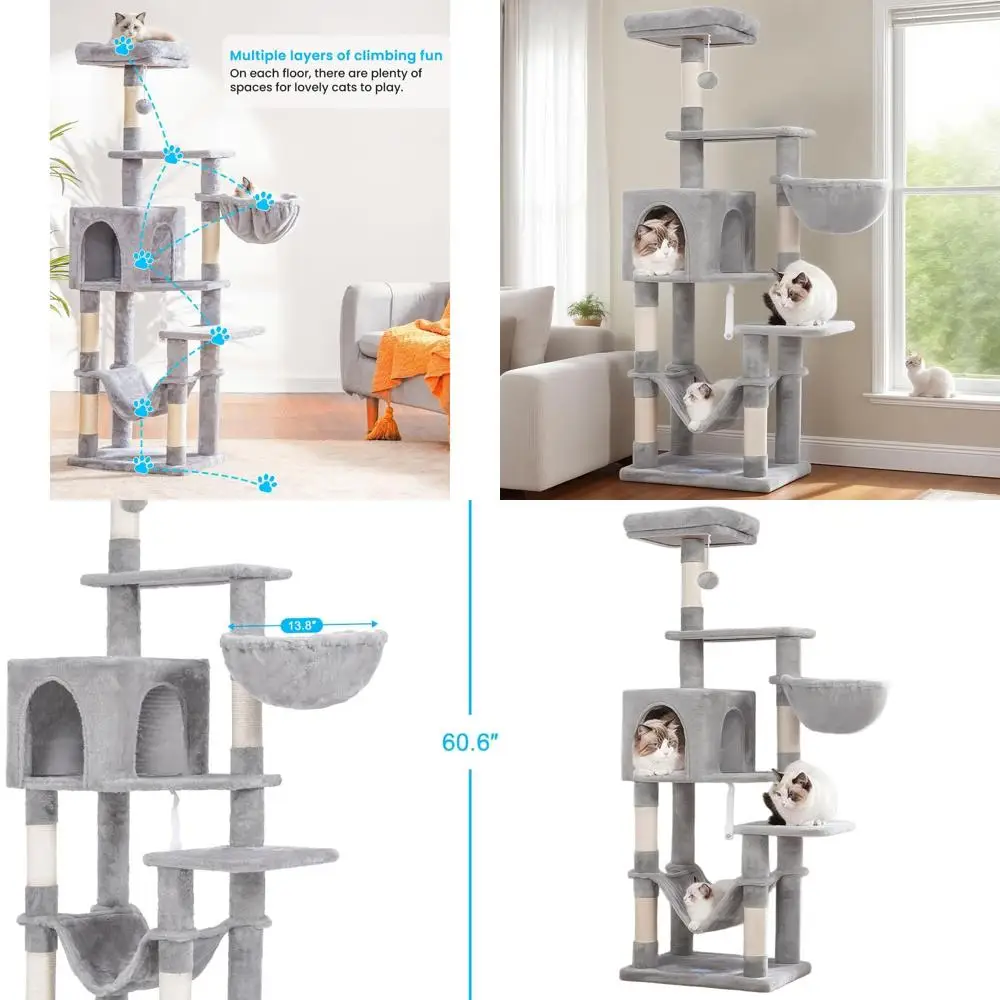 

Indoor Multi-Level Cat Tower with Large Hammock, Sisal Scratching Posts, and Top Perch, Light Gray MPJ050W