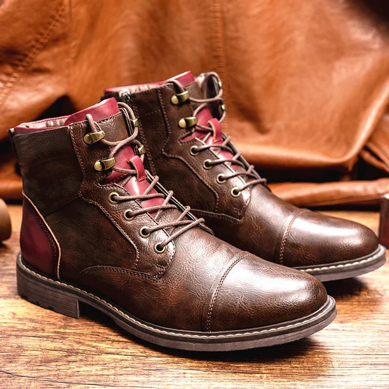 Stijlvolle Nieuwe Retro Hoge Leren Herenschoenen Zakelijk Werkende Bruine Mannenlaarzen Met Veters En Platte Casual Herenschoenen