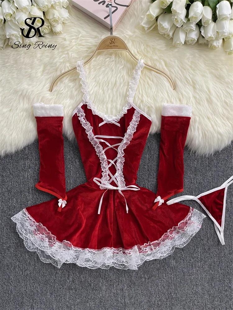 

Sexy Christmas Dress New Strap Corss Bandage A-Line Sensual Nightwear Ladies Short Lace Velvet Nightdress Suits