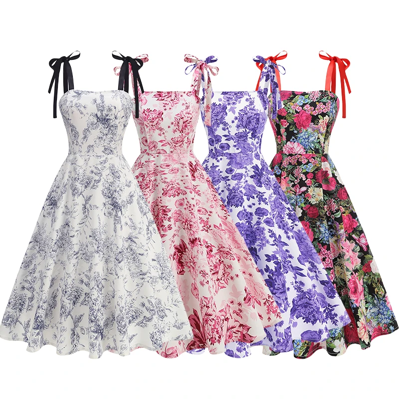 Abito da donna anni '50 anni '60 retrò multicolore stampato floreale vestibilità vintage con papillon cinghie abito senza schienale compleanno ballo di fine anno abito da festa