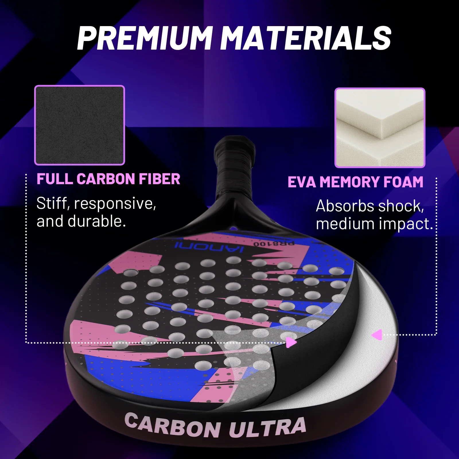 IANONI 8100 BLUE Padel Racket Carbon Fiber Surface with EVA Memory Flex Foam Core Lightweight Padel Racquet