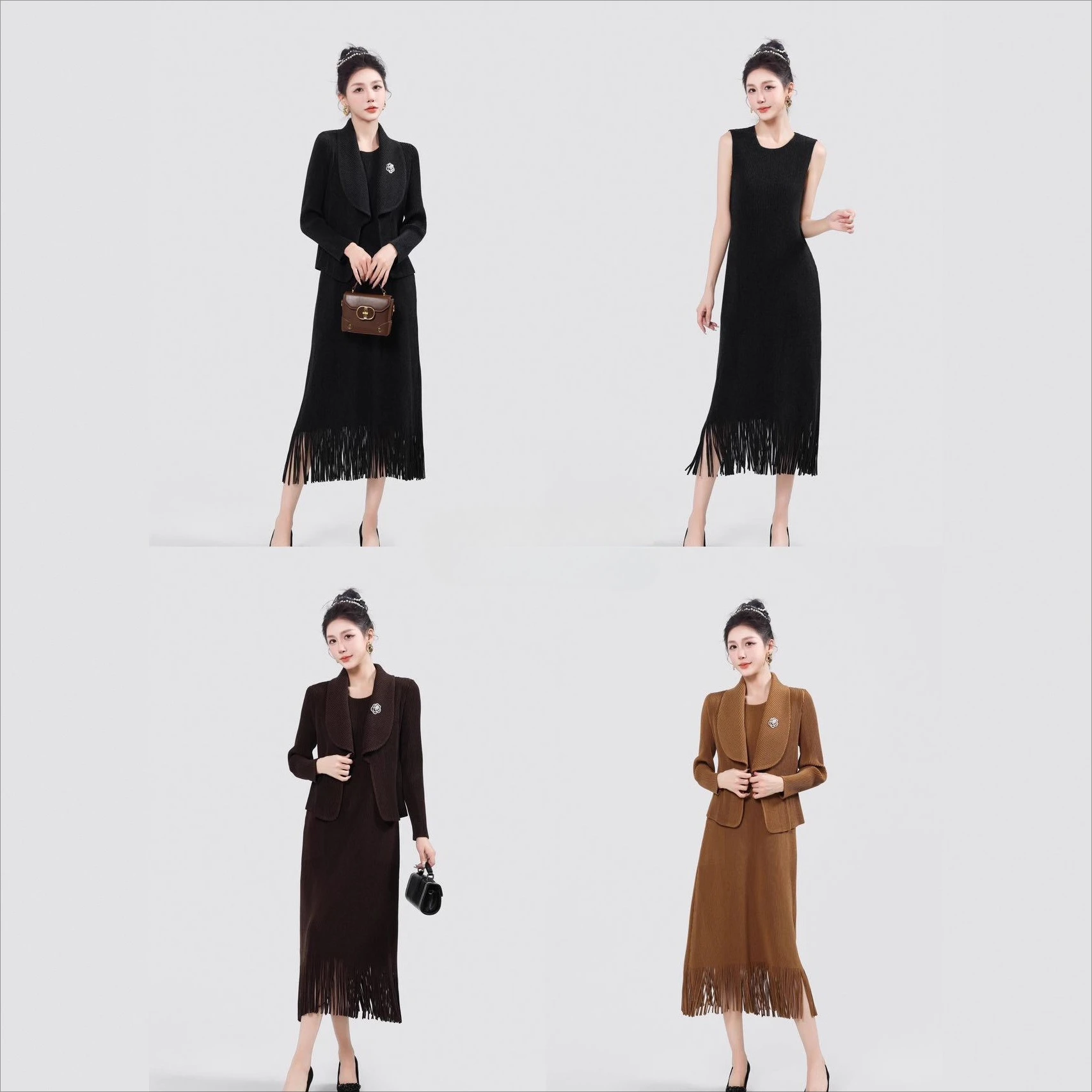 

Miyake Pleated 2025 Autumn and Winter New Fashionable and Versatile Pleated Long Sleeved Buttonless Jacket+tassel Dress Set