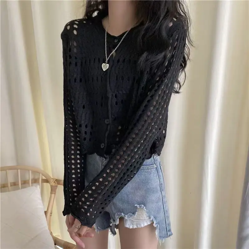 Ngọt Ngào Mỏng Dệt Kim Áo Len Cardigan Nữ Màu Trơn Rỗng Cổ Tròn Áo Len Nữ Spring Mùa Thu Thường Dạo Phố Dệt Kim Cao Cấp