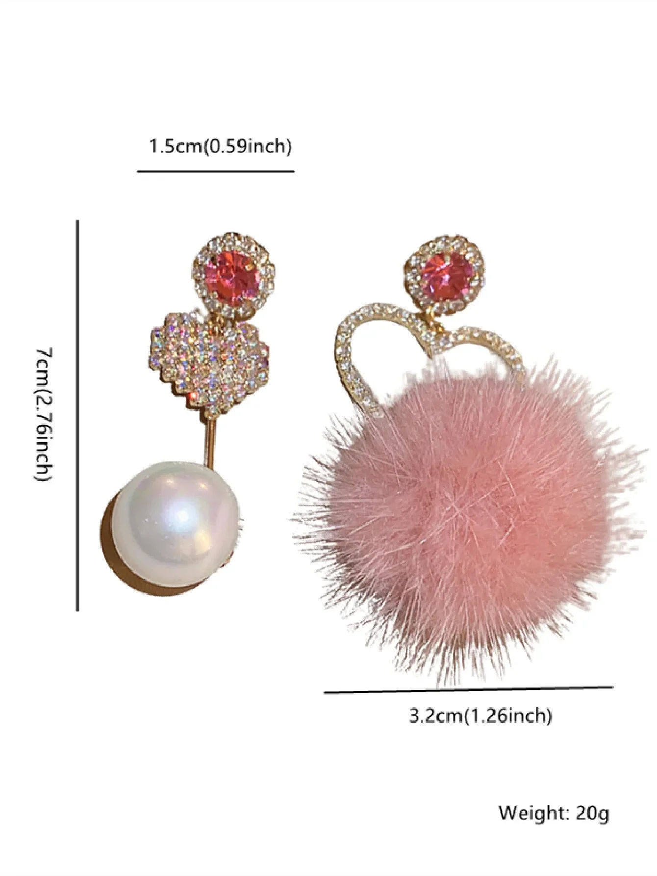 FYUAN Fashion Love Heart Asymmetry Crystal Dangle Earrings Pink Fur Ball Rhinestone Drop Earrings for Women Jewelry Gift