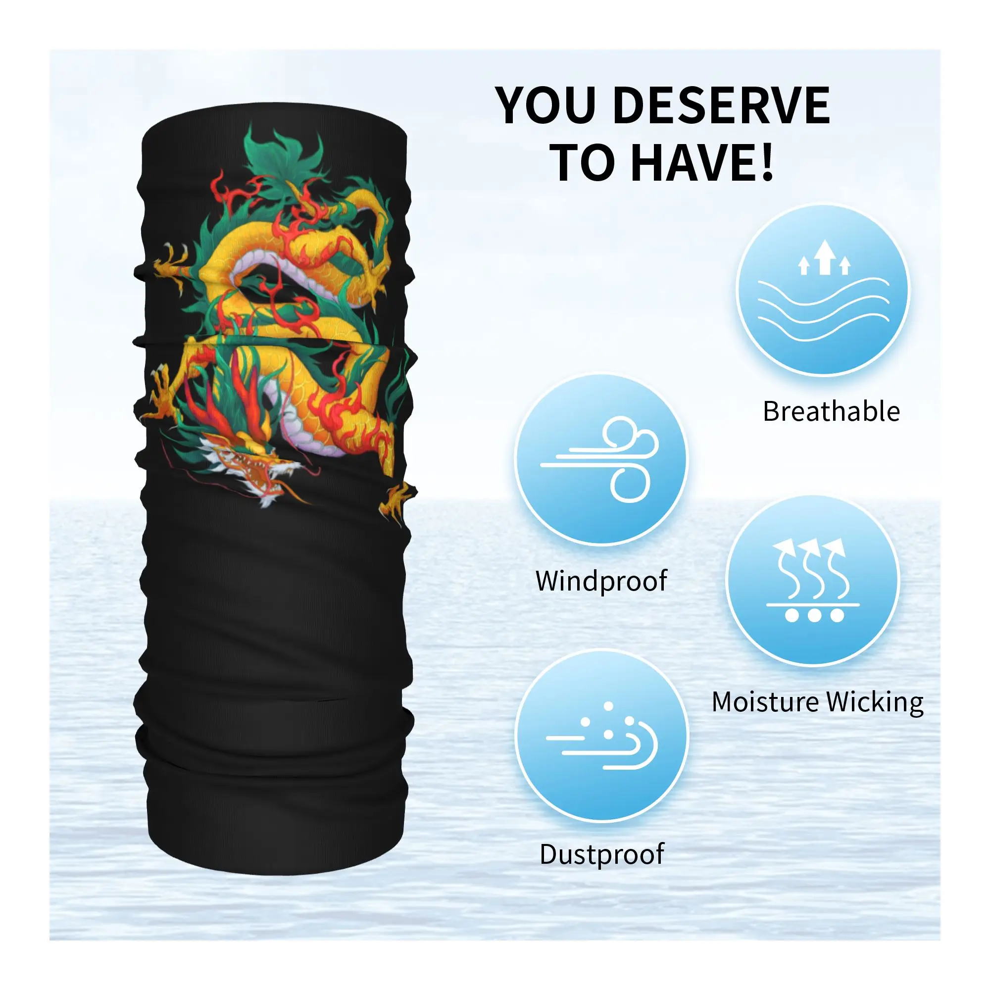 Custom Golden Green Dragon Tattoo Bandana Winter Neck Warmer Men Windproof Wrap Face Scarf for Hiking Chinese Oriental Mythical view 3