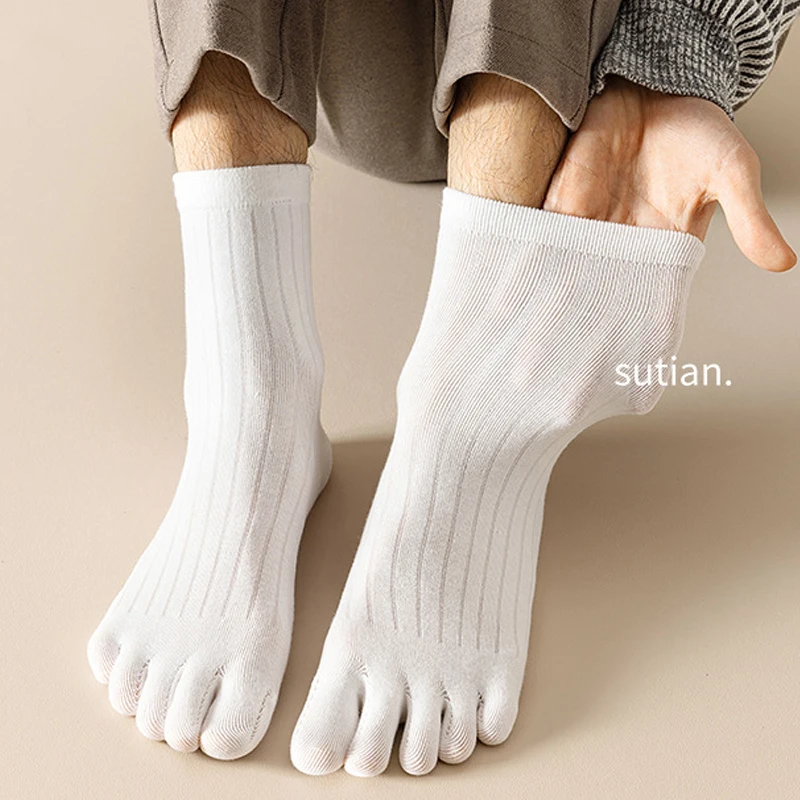 Solid 5 Finger Short Socks Man Cotton Striped Elastic Standard Anti-Bacterial Breathable Warm Business Toe Socks Husbands Father