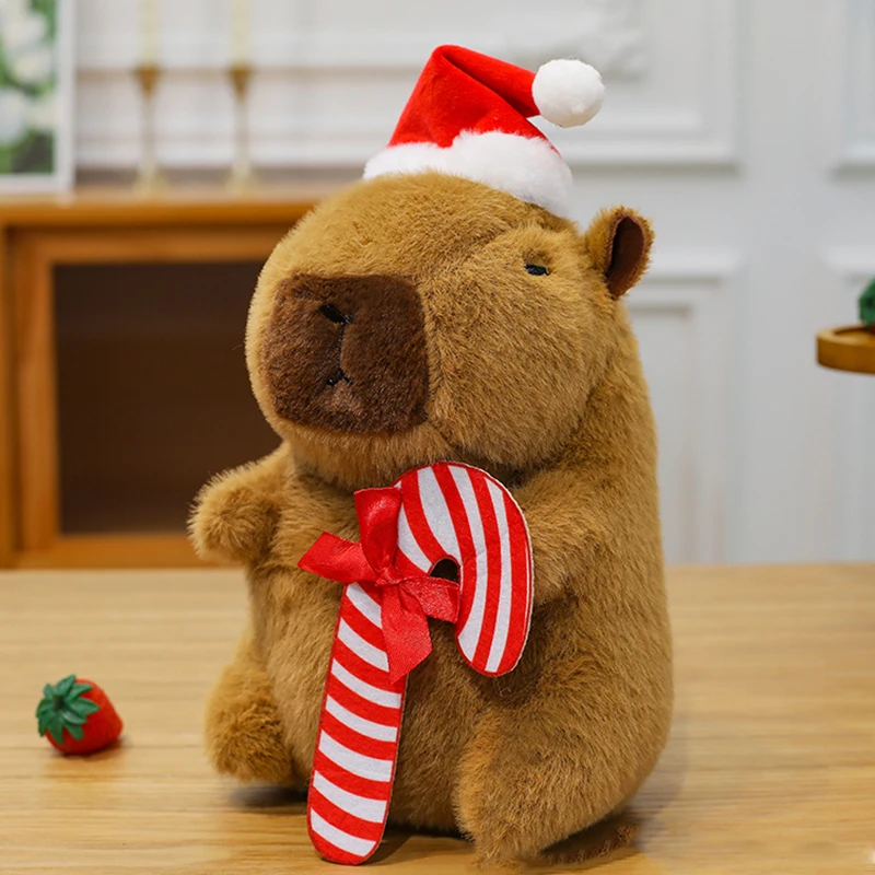 Vestido Kawaii, muñeco de peluche de capibara de Navidad, árbol de Navidad, bufanda verde, juguete de peluche de capibara, muñeco esponjoso de capibara suave