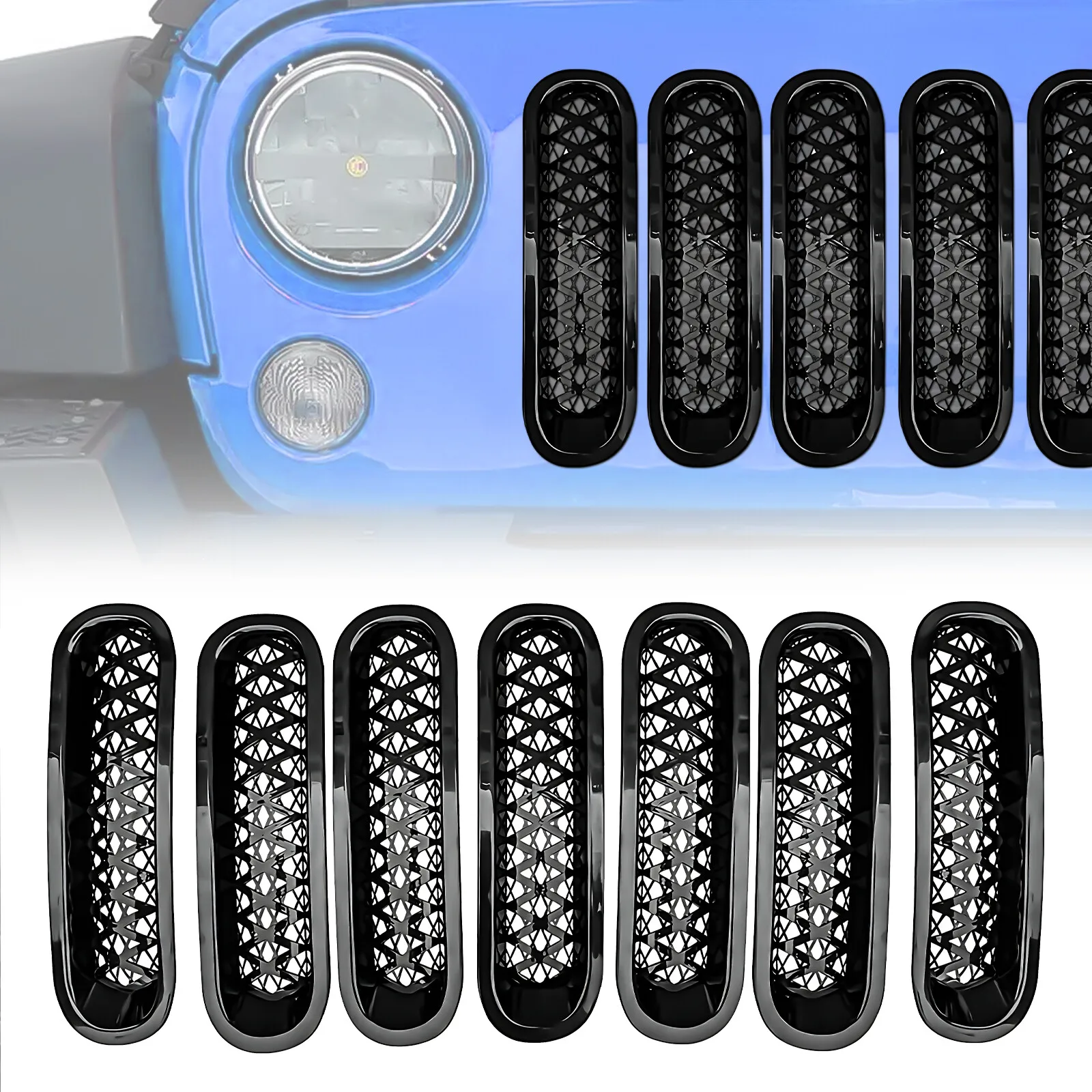 

7PCS Front Grill Insert Mesh Grille Trim Cover Protector Clip Compatible for 2007-2015 2016 2017 2018 Jeep Wrangler JK JKU Black