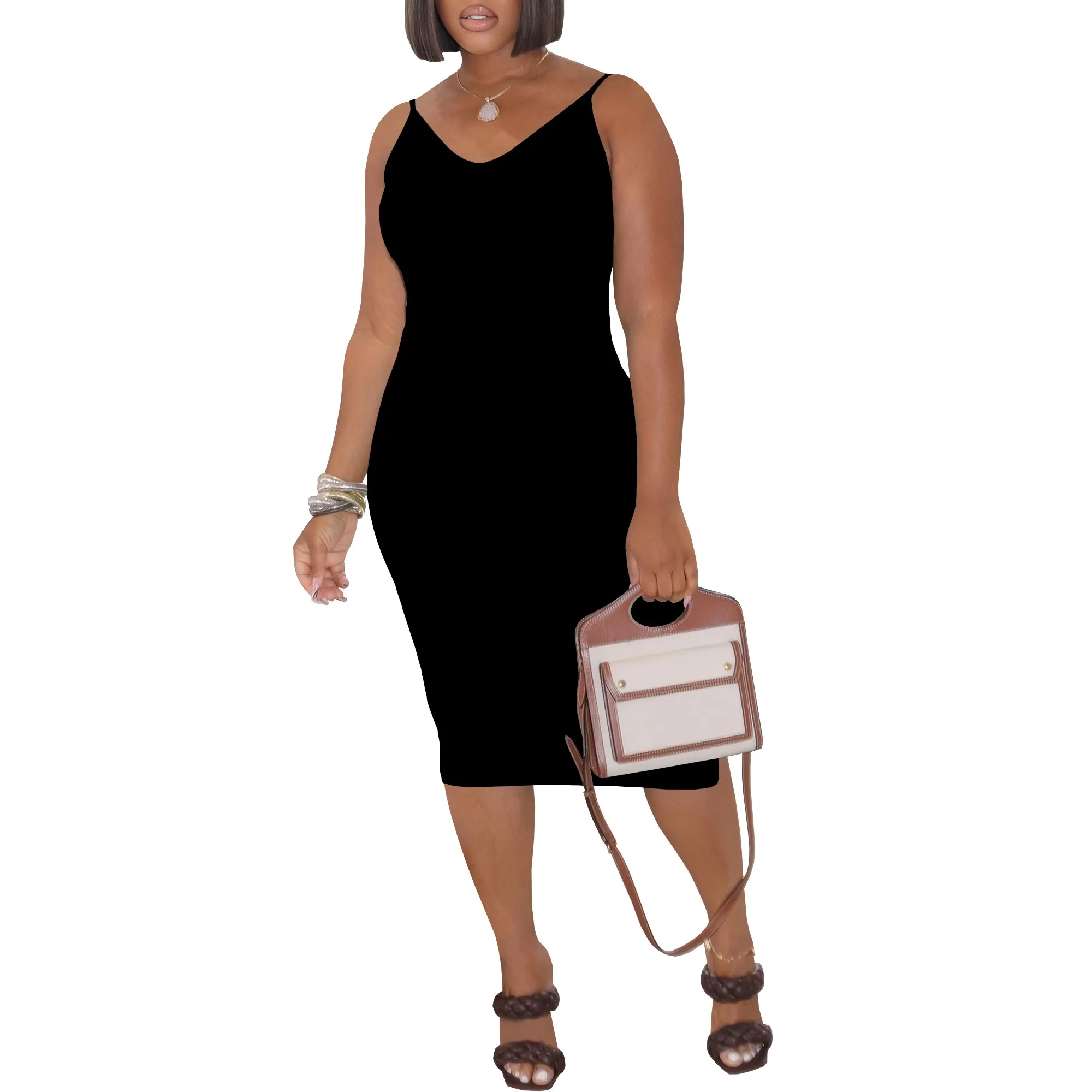 فستان نسائي كاجوال أساسي بحزام سباغيتي متوسط الطول