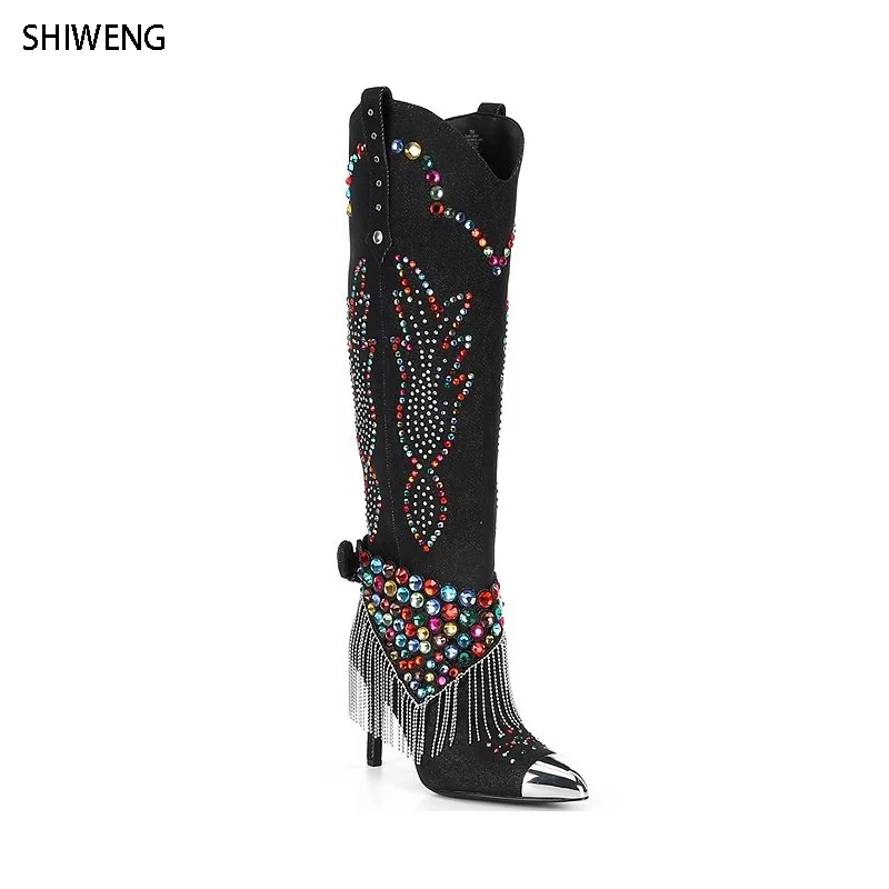 2025 Knee High Boots Women Rhinestone Boots Glitter Shiny Western Cowboy Pointed Toe Block Heel Pull-On Cowgirl Boots Size 35-44