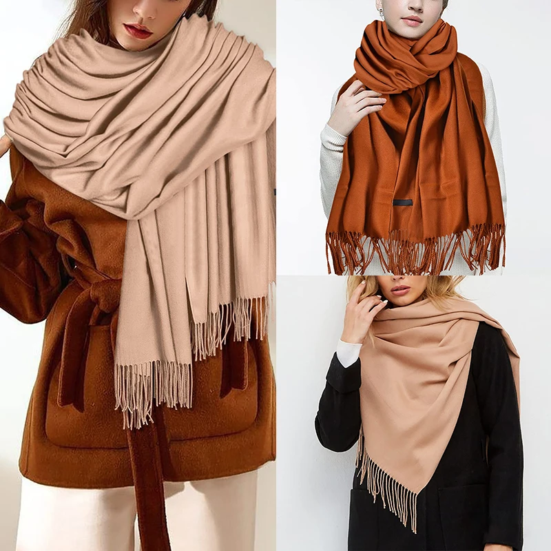 Bufanda de Cachemira de Color liso para mujer, chal grueso y cálido con borlas y flecos, capa de 2024x70cm, novedad de 200
