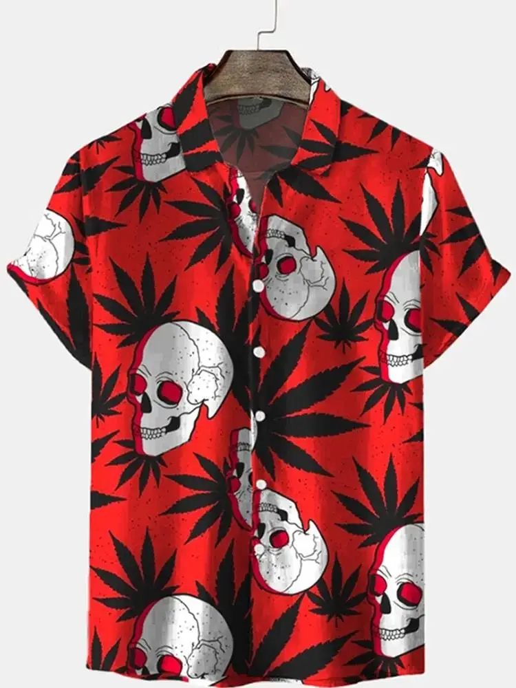 Modisches Totenkopf-Halloween-Print Herrenhemd Street-Trend Harajuku Revers-Oberteil Hip-Hop Punk-Stil Übergroßes Hemd Lässiges Kurzarmhemd