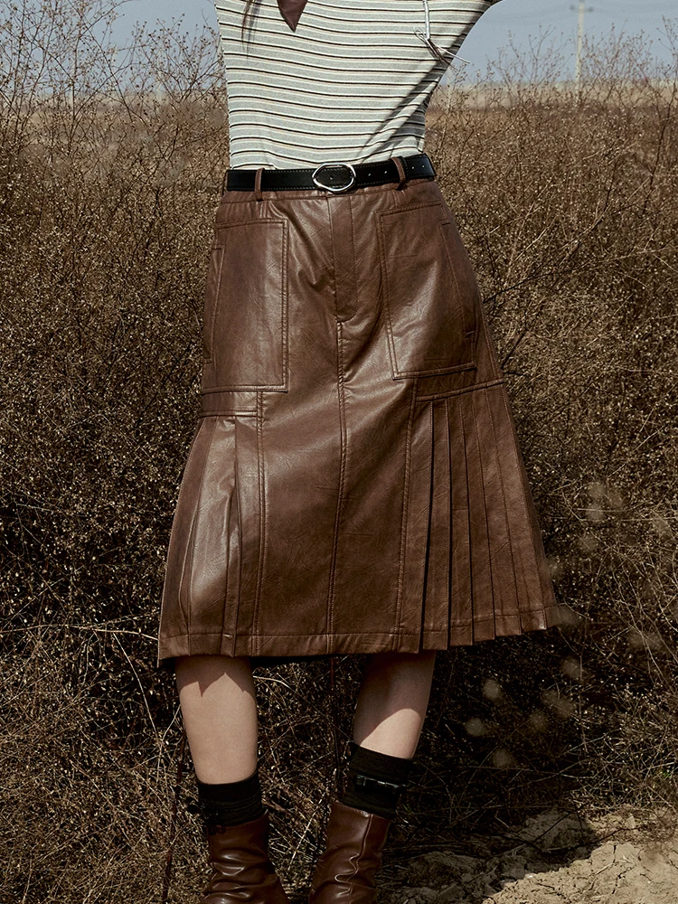 

Модная плиссированная юбка миди из искусственной кожи для женщин, юбки средней длины, осенне-зимняя, повседневная, в корейском стиле, однотонная