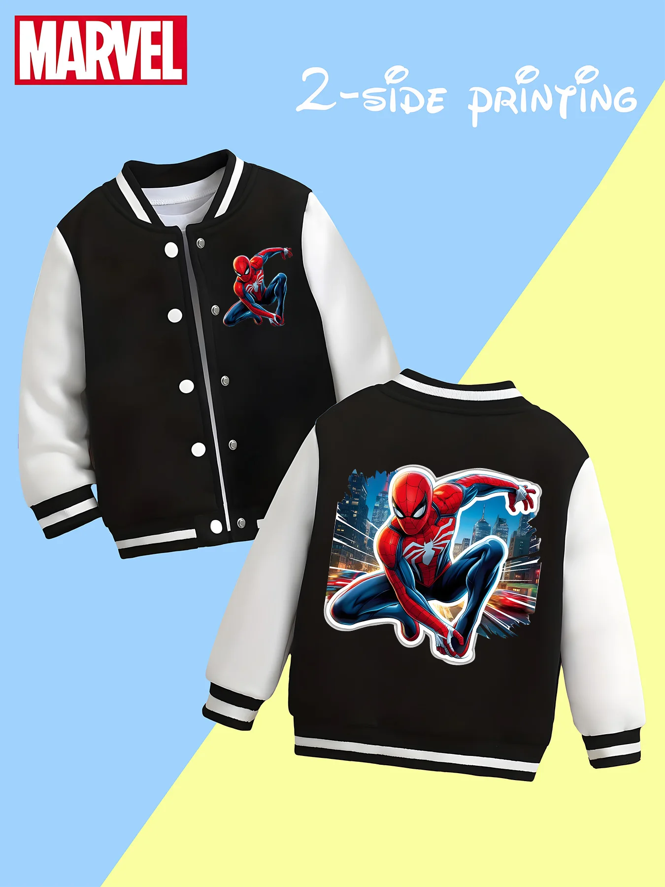 

MINISO Marvel Spider-Man City Shuttle Children's Baseball Jacket - Trendy black and white, soft skin-friendly fabric, autumn and