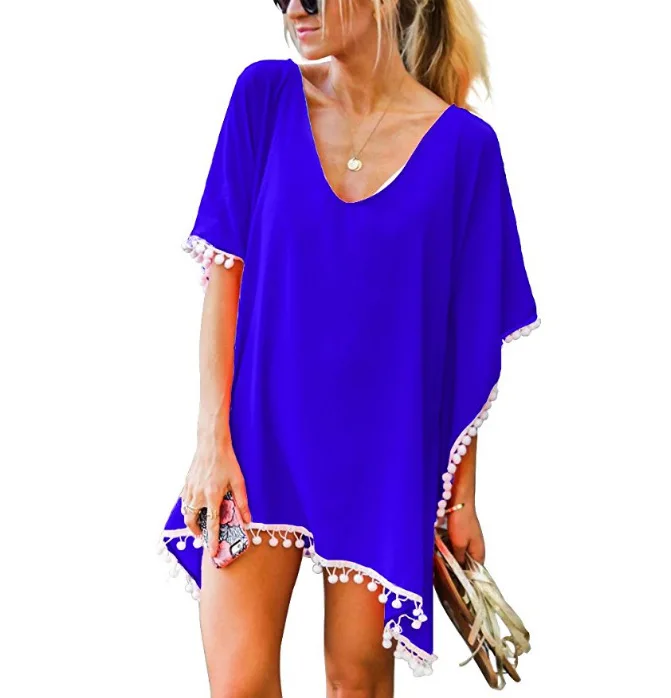 

2023 Spring Summer Seaside Holiday Beach Blouse Casual Breathable Solid Color Chiffon Fringed Women Beach Skirt Blouse Blue