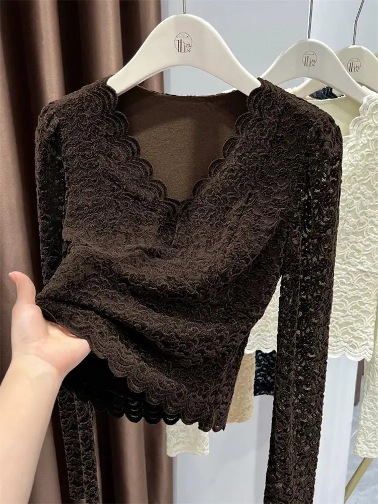 

Женская облегающая базовая кофта с кружевным V-образным вырезом и длинными рукавами на флисовой подкладке для зимних поездок на работу